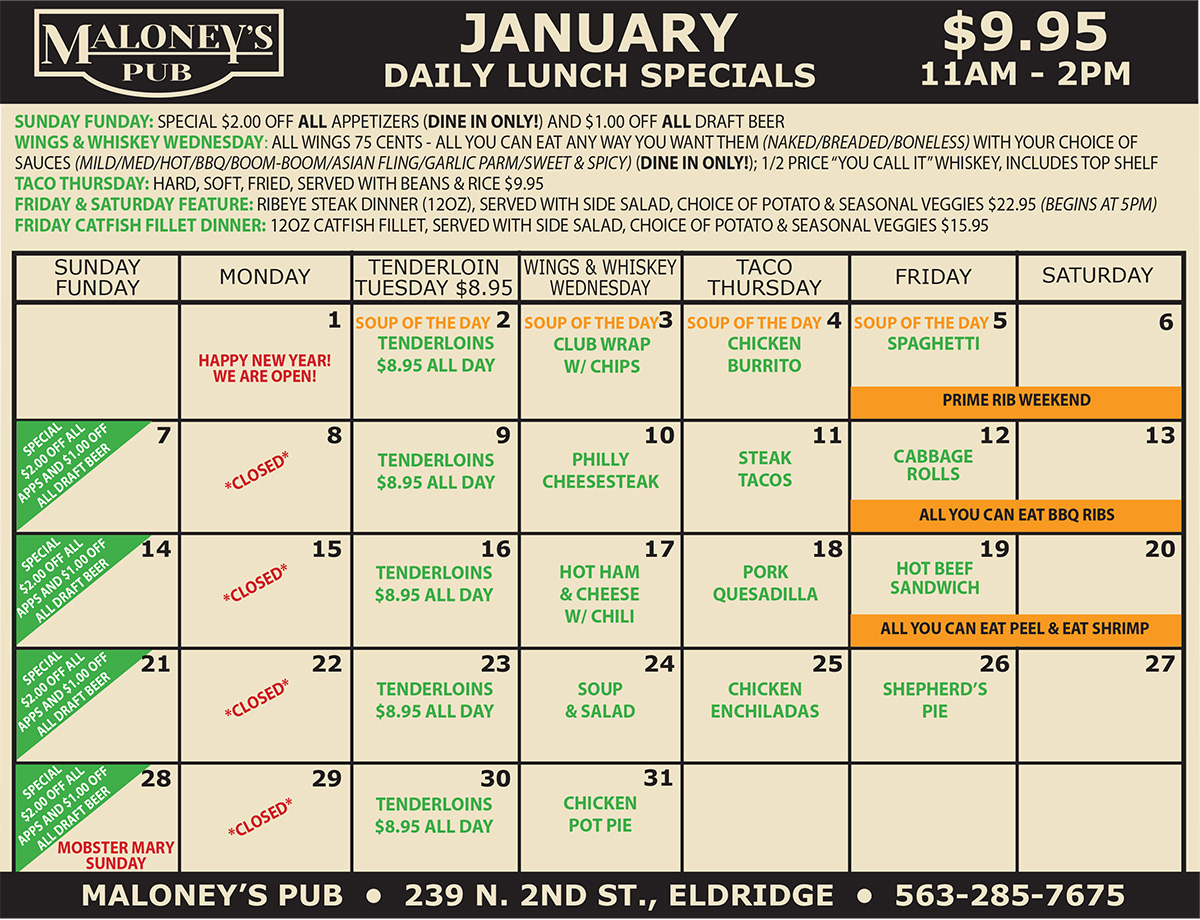Lunch Specials At Maloney s Pub Eldridge IA A Family Friendly Place