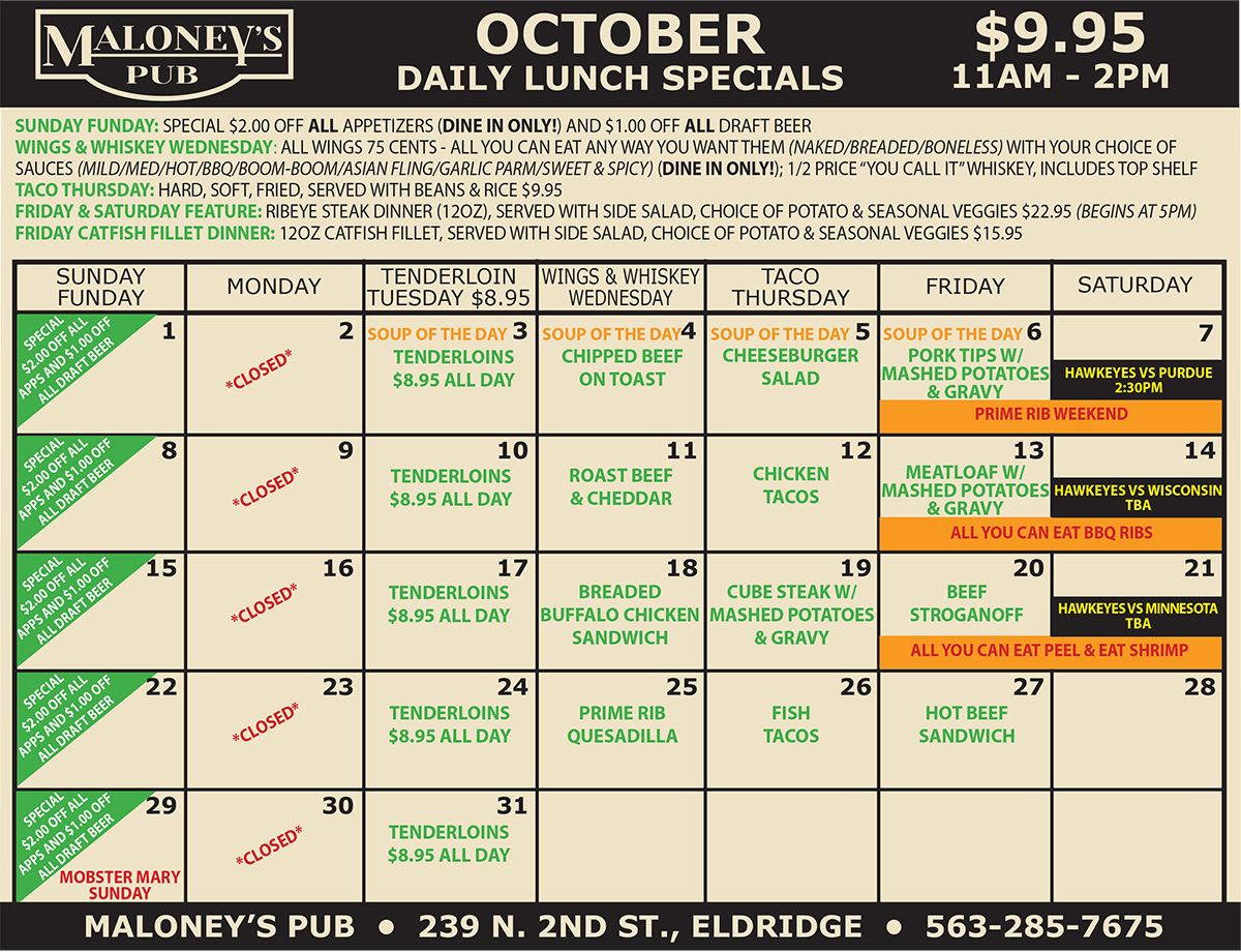 Calendar of October lunch specials