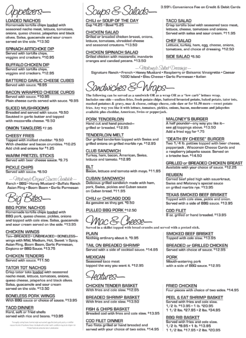 View Our Menu | Maloney's Pub | Eldridge, IA | A Family-Friendly Place