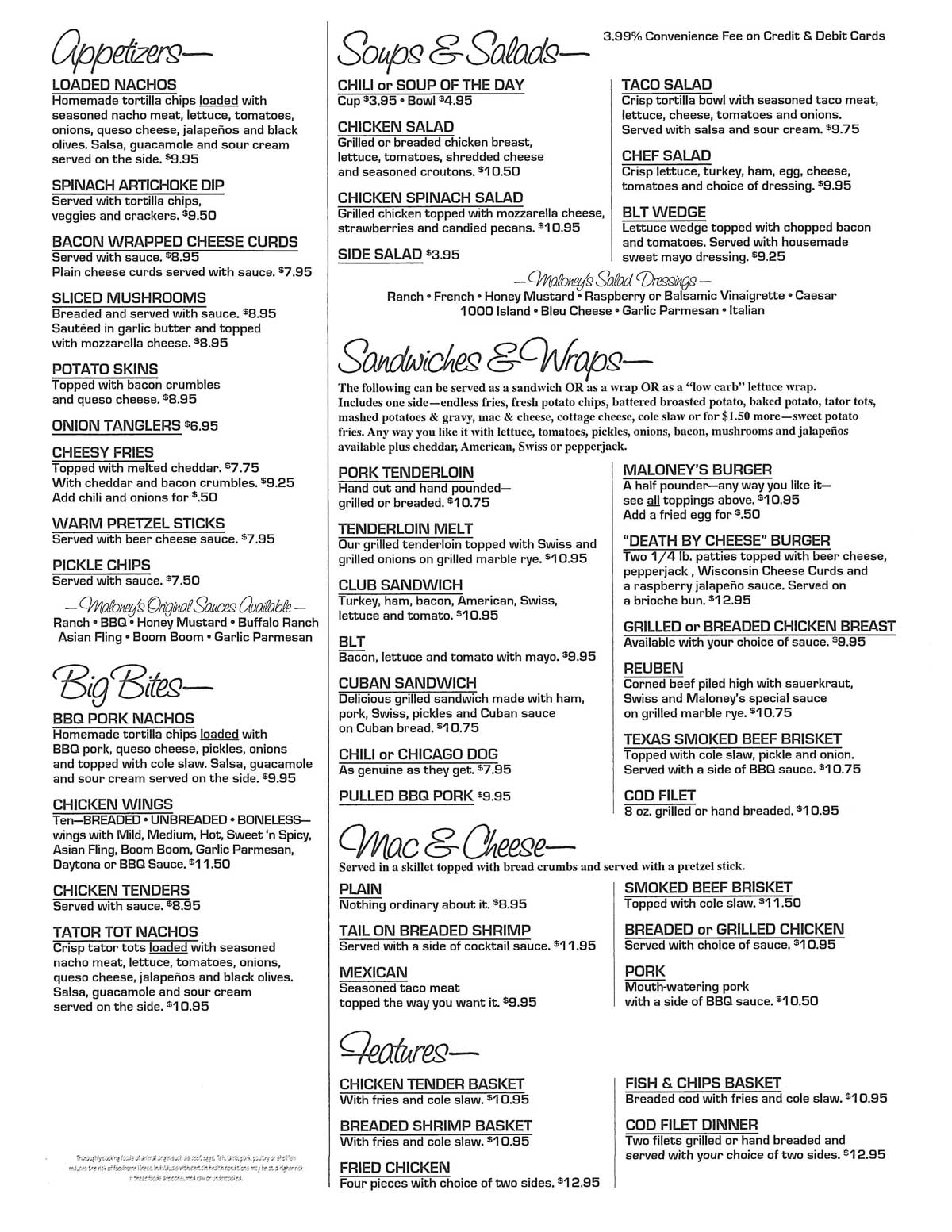 View Our Menu | Maloney's Pub | Eldridge, IA | A Family-Friendly Place