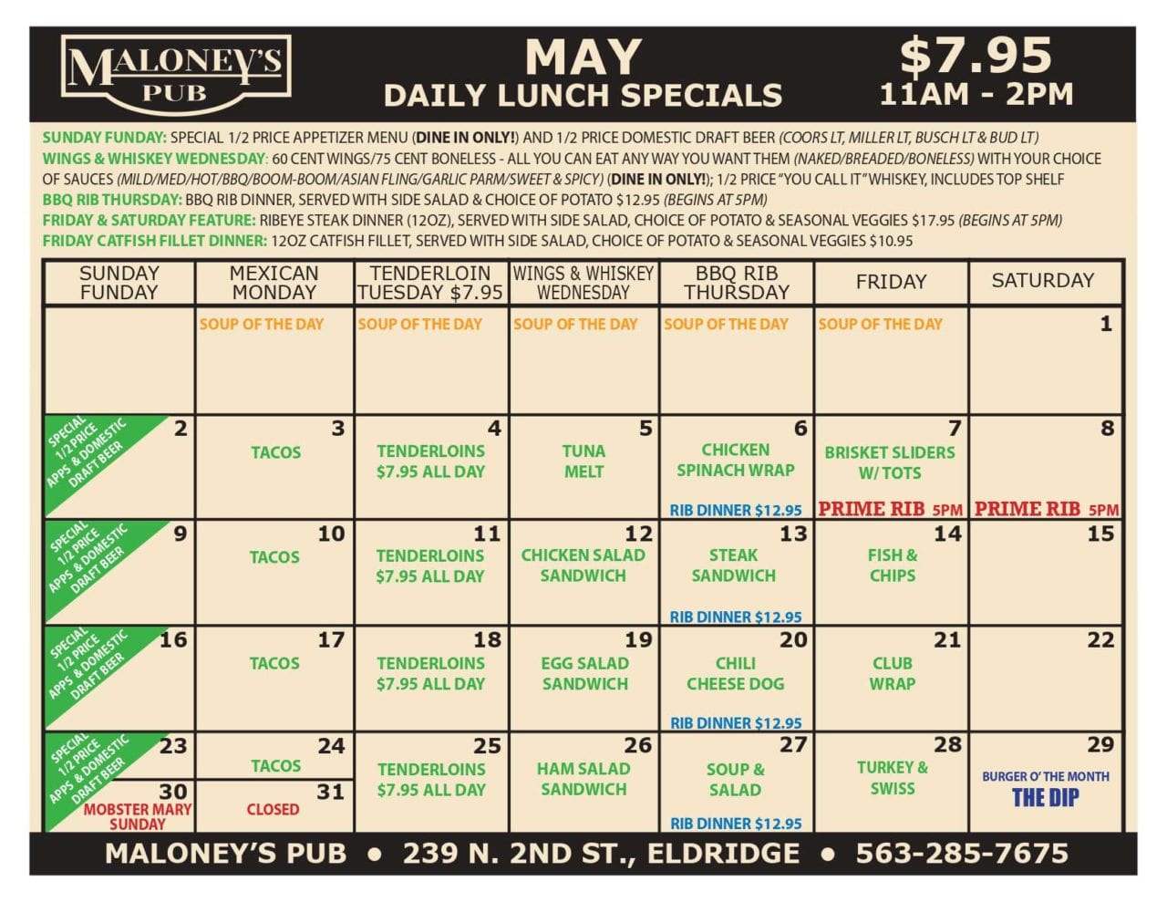Lunch Specials At Maloney's Pub Eldridge, IA A FamilyFriendly Place